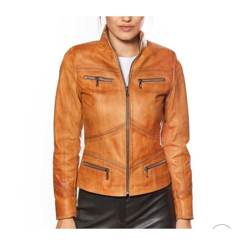 Urban Fashion Studios Eva Women’s 100% Real Tobacco Leather Sport Jacket XS - Picture 1 of 16